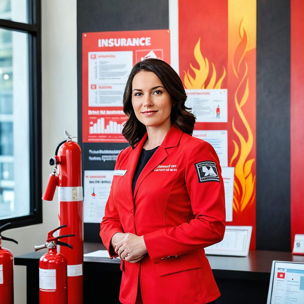 A powerful woman confidently standing at the forefront of a modern insurance office, surrounded by fire safety equipment such as fire extinguishers and protective gear, exuding strength and empowerment. The background features vibrant charts showing women in leadership roles in the insurance industry, and the color scheme reflects warmth and innovation. super-realistic. vibrant colors. professional setting.