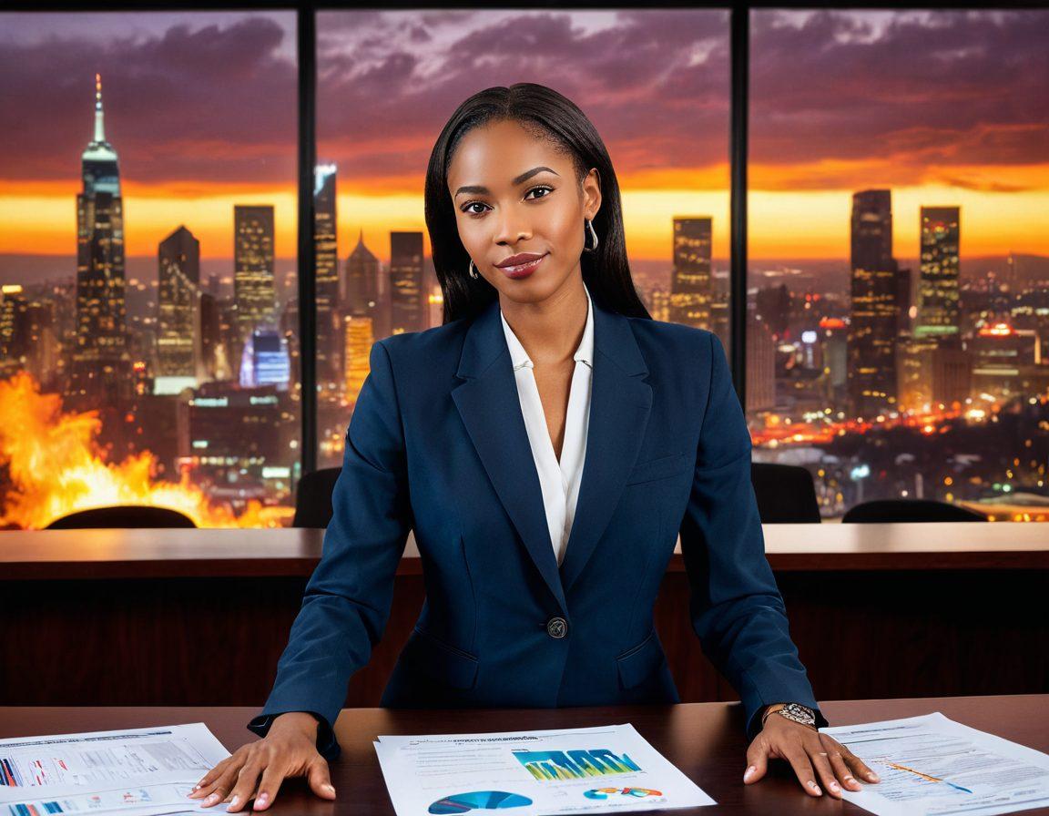 A confident woman in a business suit standing in front of a modern conference table with insurance documents, fire safety visuals, and a city skyline in the background. Surround her with diverse women actively discussing strategies. The atmosphere should convey empowerment and collaboration in risk management. super-realistic. vibrant colors. modern aesthetic.